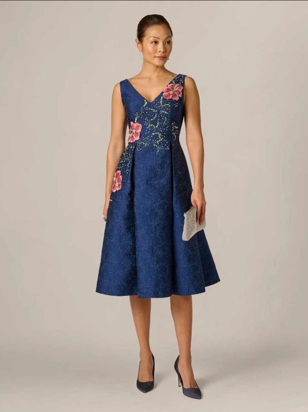 Adrianna Papell Jacquard Floral Beaded Fit And Flare Midi Dress Size 16